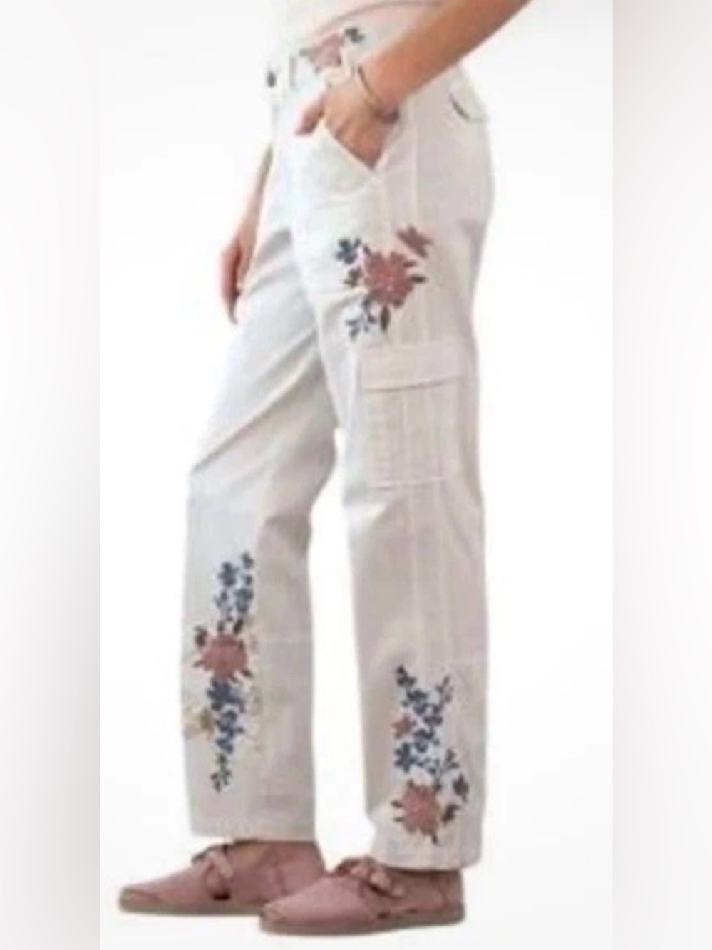 Sundance Women Sz 10 Cream Floral Embroidered Cargo Straight Leg off White Pants